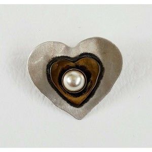 Vintage Heart Sandy Comstock Sterling, Brass And Pearl Pin